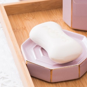 Luxury Elegant Light Purple Polygonal <strong>Trimmed</strong> Ceramic Bathroom Set, ABS Pump Soap Dispenser &amp; Tooth Cup <strong>Bath</strong> Grooming Organizer - Product Image 5