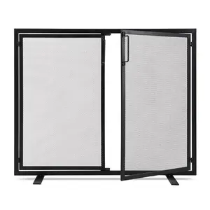 Heavy Duty Free Standing Fire Spark Grate Wrought Iron Black 2-Door Fireplace Screen Handcrafted Spark Guard Cover