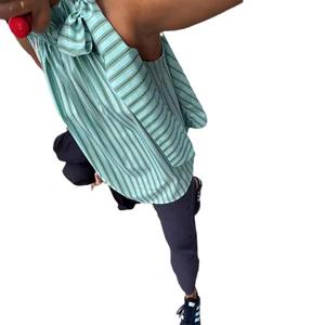 Camisas con cordones y lazo a rayas para mujer, blusa informal sin mangas con cuello levantado plisada, Tops de <span class=keywords><strong>calle</strong></span> alta para mujer de primavera 2024 - Product Image 5