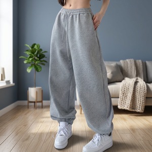 Pantalon droit évasé de qualité supérieure 100% coton léger, respirant, écologique, élégant, décontracté et chic, coupe ample, gris - Product Image 1