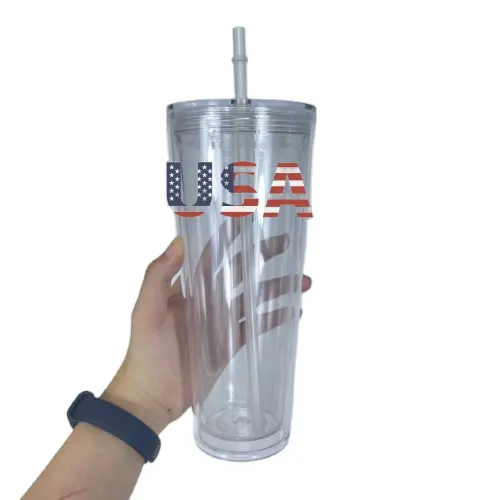 USA Warehouse 16Oz 24Oz Gelas Akrilik Bening Pra Bor Tumbler Akrilik Snowglobe Berdinding Ganda dengan Tutup dan Sedotan