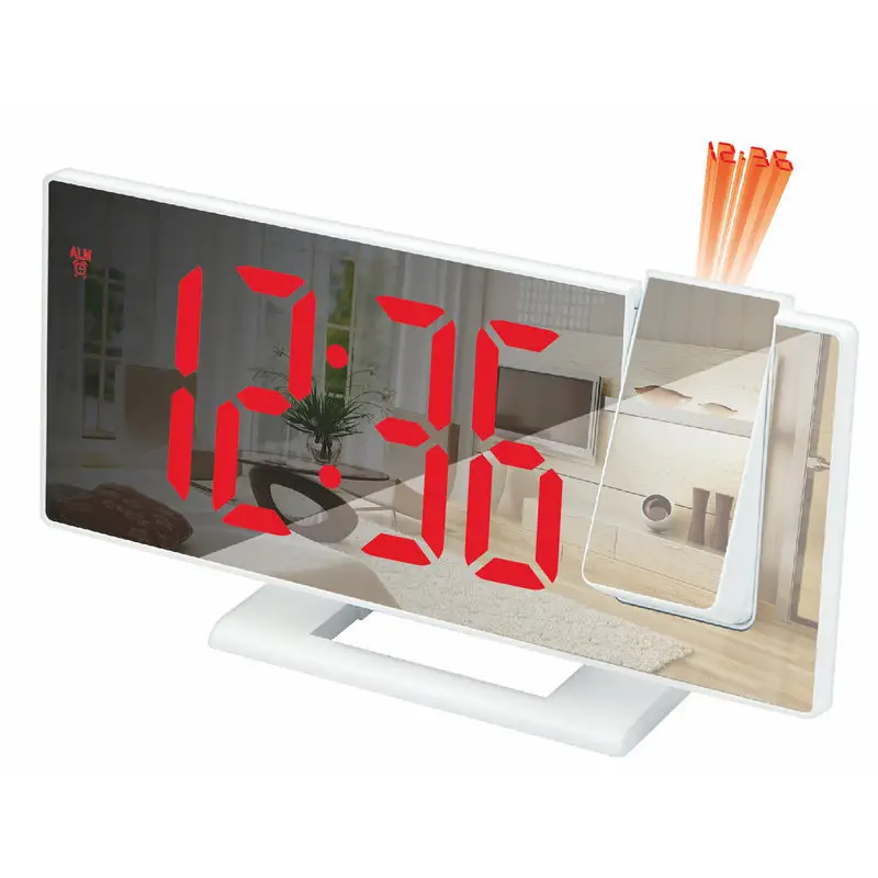 Réveil numérique Horloge miroir LED avec projection rotative Horloge de bureau multifonctionnelle