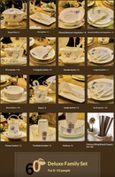 Service de table en porcelaine fine Golden Flower Jade, comprenant bols, assiettes, couvercle, pot et cuillère, idéal pour la maison, les restaurants, les hôtels et la décoration de table de mariage.