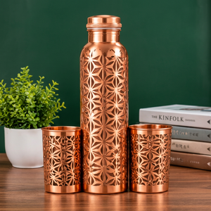 Modern Copper <b>Water</b> <b>Bottle</b> with Lid and 2 Cut Out Star Pattern Cups Portable <b>Metal</b> Flask Set - Product Image 1
