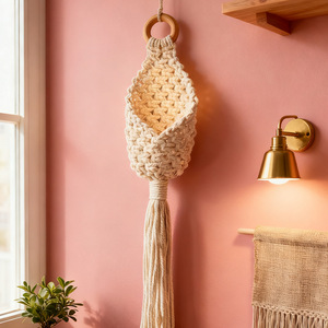Cesta Colgante de Algodón Tejido Estilo Bohemio, Bolsa de Red Ovalada con Diseño de Dibujos Animados Estilo Europeo para Decoración de Jardín e Interiores - Product Image 4