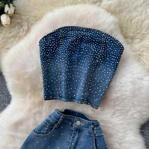 Ensemble 2 pièces d'été pour femme : Haut bustier vintage uni en tissu tissé et pantalon en jean taille haute, respirant et infroissable - Product Image 2