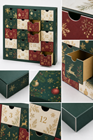 Boîte cadeau calendrier de l'avent de Noël personnalisée avec logo, finition mate, gaufrage, paillettes, papier recyclé, emballage magnétique