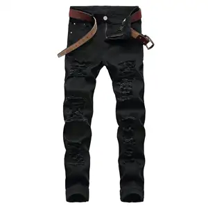 Vendite dirette della fabbrica HKNZ jeans bianchi rossi denim cotone strappati pantaloni jeans elasticizzati con cerniera fly jeans da uomo