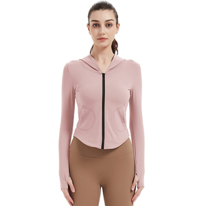 Women's Hooded Full Zip Crop High Elastic Hooded Crop <b>Jacket</b> Slim Fit Thumb Holes Breathable Yoga <b>Workout</b> Top With Pockets - Product Image 6