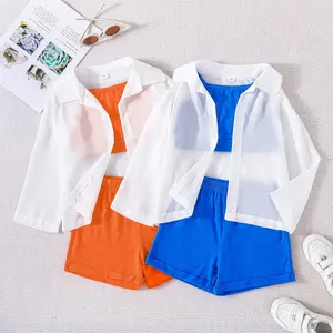 2023 Spring Summer Children Girls Outfits Solid Long Sleeve Sunscreen Shirt Vest Shorts 2Pcs Sets Korean Kids Fashion Clothes