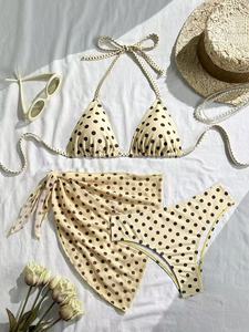 <b>Women</b> Polka Dot Bikini Set With Wrap <b>Skirt</b> Sexy Halter Top Plunge Bra Spandex Polyester Swimwear - Product Image 4
