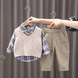 Children's Casual Solid Pattern Three-Piece Set Knitted Sweater <strong>Vest</strong> Plaid Shirt <strong>Long</strong>-<strong>Sleeved</strong> <strong>Vest</strong> Boys Boys Three Piece Suit - Product Image 5