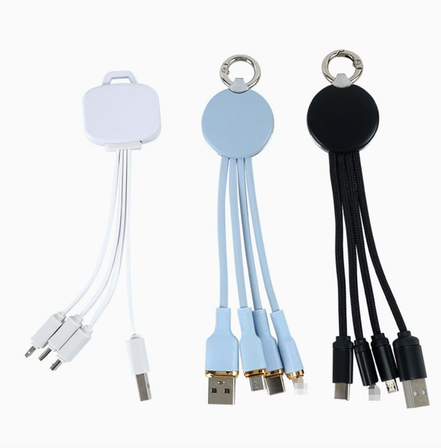 OEM 3 in 1 Braided Keychain Charging Cable Plated Metal Glow Color Changing Logo USB Type C Micro USB Promotional Gift Wholesale
