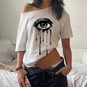 Wholesale Women Summer <b>Y2K</b> Vintage Abstract Eye Eyelash Print One Shoulder Loose T <b>Shirt</b> - Product Image 4