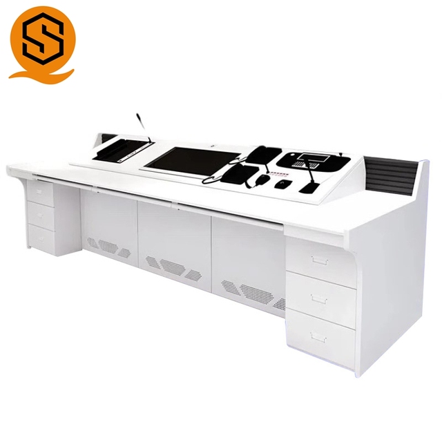 Futuristic Modern Spacious Extendable Foldable Broadcast Desk with 4-Drawer File Cabinet and Metal Legs for Studio Use