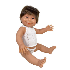 Jouet éducatif Babylin, garçon blanc aux cheveux bruns et à la couche, représentant une personne atteinte de la syndrome de Down - Product Image 1