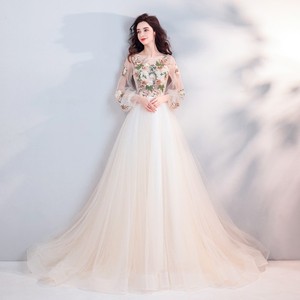 A-Line Chiffon Wedding Dress With Floral Embroidery O-Neck Long Sleeve Empire Waistline Bridal Gown Light Champagne Color - Product Image 3