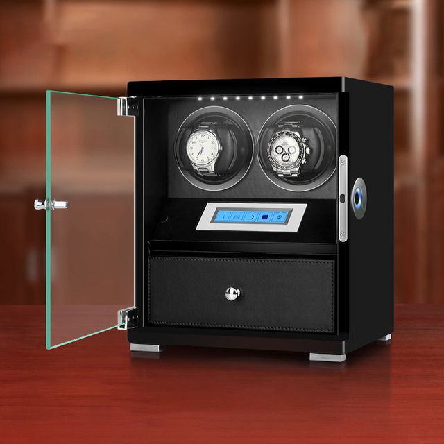 LAIHE Luxury 2-Slot Automatic Watch Winder High Glossy Microfiber Leather with LED Light Fingerprint Watch Boxes & Cases