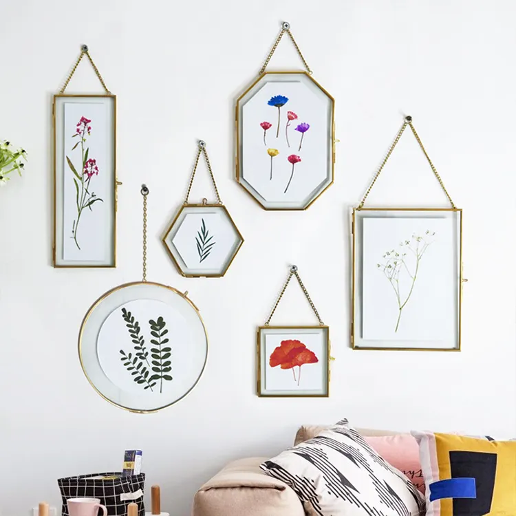 Square Round Variety Of Creative Wall Brass Double Glass Floating Frame Metal Picture Frame for Pressed Flowers Photos