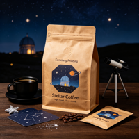 Sachet à café personnalisé avec logo imprimé, résistant à l'humidité, à fond plat, scellé sur huit côtés, en kraft avec impression en héliogravure