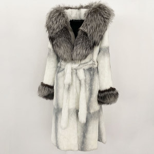 OFTBUY Winter <strong>Women</strong> Coat Hooded Belt Natural Rabbit Fur <strong>Jacket</strong> Ladies Real Rabbit Fur Coat Thick Warm Long Outerwear Casual - Product Image 3