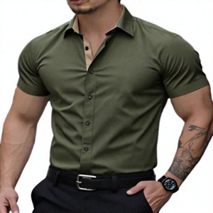 Men's Breathable Casual Short-Sleeve Twill <b>Shirt</b> <b>Button</b> Collar Fitted 100% Premium Cotton Eco-Friendly Quick Dry Solid Summer - Product Image 1