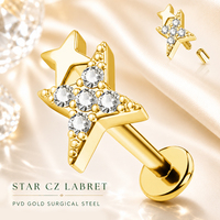 Piercing de Labret de Acero Quirúrgico 316L con Doble Estrella de Circonita Cúbica de 16G, Roscado Internamente, Parte Trasera Plana de 6mm, para Hélice, Tragus y Cartílago