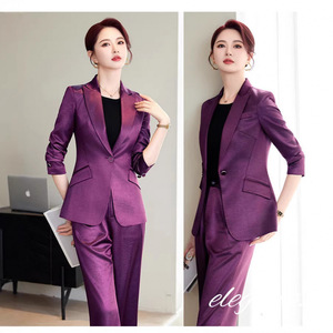 Women's Purple Suit Set Full Sleeve Satin Anti-Wrinkle Office Lady Workwear Commuting to Work - Product Image 4