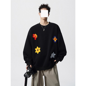 Sudadera de Cuello Redondo con Bordado Floral para Hombre, Marca Moderna, Otoño Invierno, Forro Polar, Gruesa, Holgada, Negra, Informal - Product Image 3