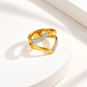Wave Crossover Zircon <b>Stainless</b> <b>Steel</b> <b>Ring</b> with 14K Gold Color Vacuum Plating and Sculptural Open Design - Product Image 1