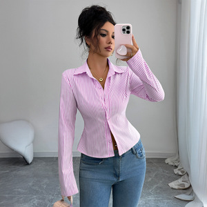 Camicie <span class=keywords><strong>eleganti</strong></span> da donna a righe a maniche lunghe camicia con bottone per donna aderenti camicetta da donna - Product Image 6