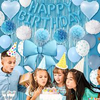 Set Dekorasi Balon Ulang Tahun Kustom dengan Banner, Pita, Balon Foil Hati, Tirai Rumbai, Pompom Kertas Tisu, dan Garland