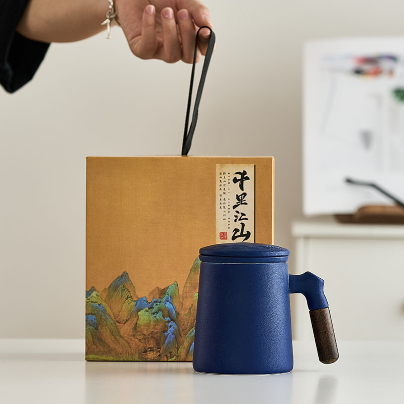 Ensemble de 3 tasses à eau bleues - Coffret cadeau Mille Li, rivières et montagnes.