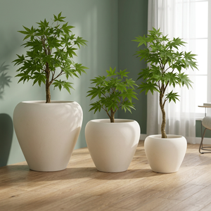 Ensemble de pots à fleurs en fibre de verre blanche SwamiG TradeX, à nervures, avec trou de drainage, écologiques, légers, durables, revêtement poudré - Product Image 1