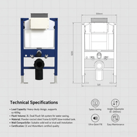 Support mural universel pour toilettes, design moderne peu encombrant, réservoir WC intégré, double chasse, salle de bain, HDPE, usage commercial
