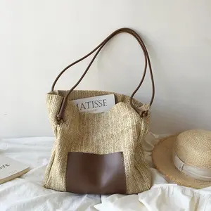 Bolso de mano personalizado para mujer, bolsa de playa de rafia, de paja, barata, para verano