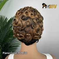 Gran Oferta: Peluca Chioma de Cabello Humano con Flequillo, Corte Pixie, Rizada, Color 1b/30, Cabello Humano Virgen Corto