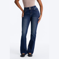 Jean évasé taille haute pour femme, coupe ajustée, double boutonnage, bleu foncé, surpiqûres contrastées, style rétro décontracté, vente en gros