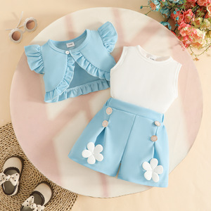 Ensemble d'été pour <span class=keywords><strong>fille</strong></span> de 0 à 3 <span class=keywords><strong>ans</strong></span>, style occidental mignon et doux, couleur unie, sans manches, avec volants, veste courte + <span class=keywords><strong>gilet</strong></span> + short fleuri, personnalisé 3T - Product Image 4
