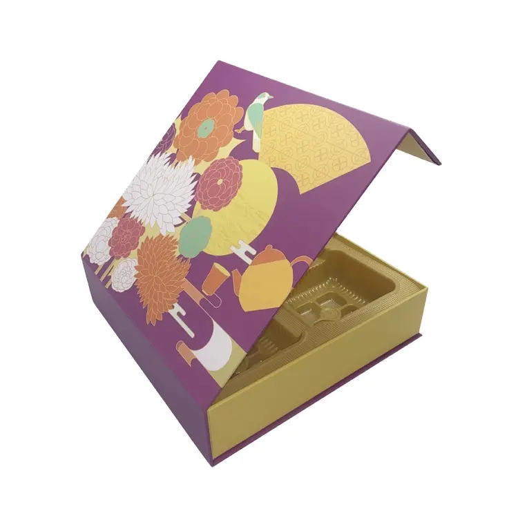 Caixa de papelão luxuosa para biscoitos de chocolate e macaroon, embalagem magnética de presente de papel dourado de qualidade alimentar com bandeja divisória