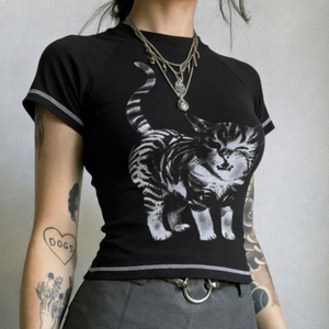 เสื้อยืดผู้หญิงลายสัตว์สไตล์ Y2K ผ้าถักยืดหยุ่น ระบายอากาศได้ดี เหมาะสำหรับฤดูร้อน คอกลม สีตัดกัน แขนสั้น สวมใส่สบายๆ แบบลำลอง - Product Image 1