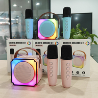Speaker Karaoke LED Mini Portabel Nirkabel Daya Tinggi dengan 2 Mikrofon, Hadiah Terbaik untuk Bernyanyi
