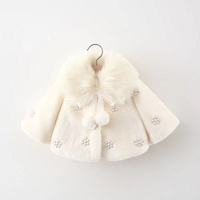 Manteau décontracté pour bébé fille, en fausse fourrure chaude et moelleuse, avec col orné de perles et de fleurs, pompon, coupe trapèze, pour l'automne et l'hiver