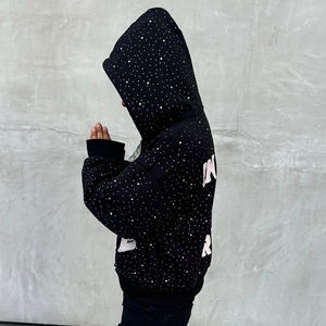 Fabricant de vêtements streetwear 3D automne, poids lourd 500 g/m², coupe ample, noir, logo personnalisé, patch brodé vieilli, entièrement orné de strass, fermeture éclair - Product Image 2