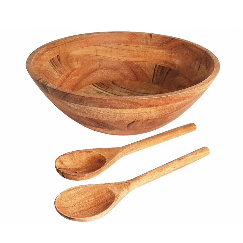 Voedsel Duurzaam Natuurlijk Hout Kom Bamboe Slakom Gemakkelijk Schoon Vintage Houten Saladekommen Set Met Lepel