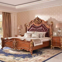 Fournisseur direct d'usine, meubles de chambre à coucher en bois massif, cuir véritable, designs de cadres en or luxueux sculptés à la main