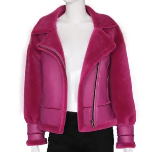 Hot pink real wool PU leather women jackets popular style girl winter coat