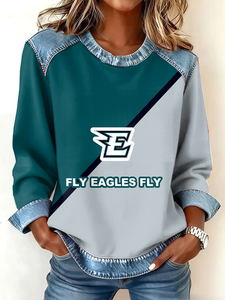 Sudadera de Mujer con Estampado Bordado Personalizado, Estilo Otoñal, Mezclilla con Parches, Transpirable, con Patrón de Gofres en la Parte Delantera - Product Image 2