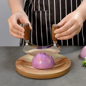 Chất lượng cao gỗ xử lý mezzaluna đôi lưỡi salad Chopper và vòng thớt để cắt thảo mộc - Product Image 5