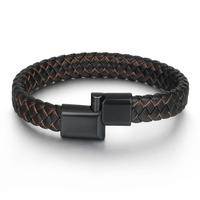 Bracelet en cuir véritable noir fait main pour homme avec fermoir magnétique